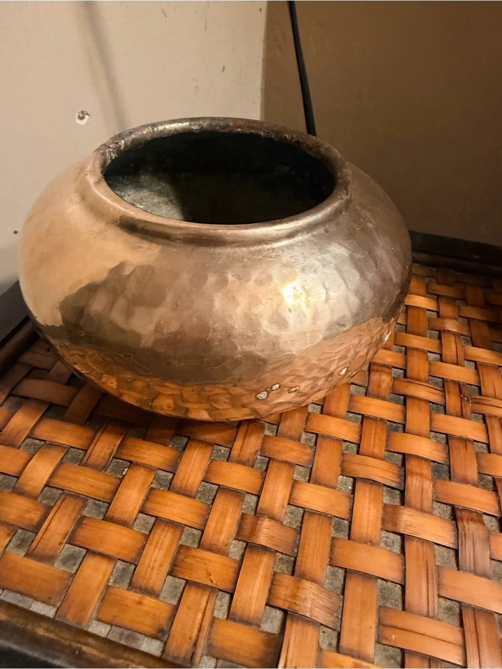 Vintage Hammered Brass Bowl Planter Cachepot Boho Patina Home Decor